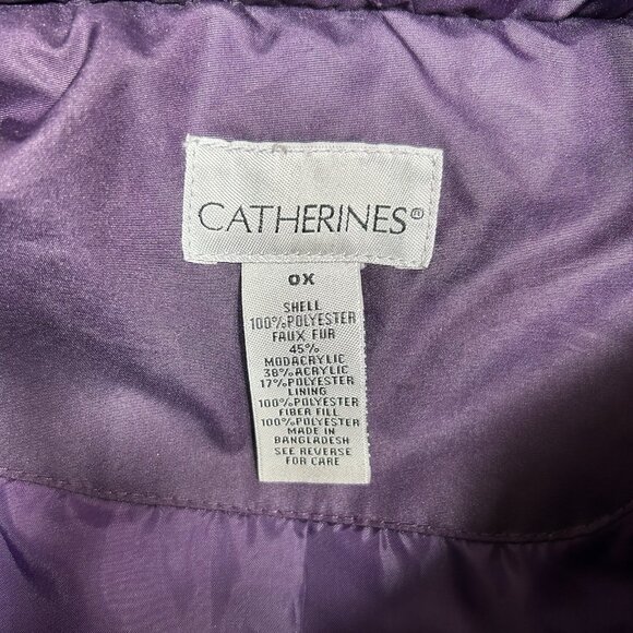 Catherines Women Puffer Jacket Purple Chevron Coat Zip Up Hooded Faux Fur Sz 0X - Picture 7 of 13